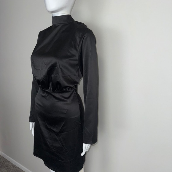 Commense Black Mini Dress Long Sleeve Mock Neck Tie Back Cocktail Bodycon M - Picture 14 of 17